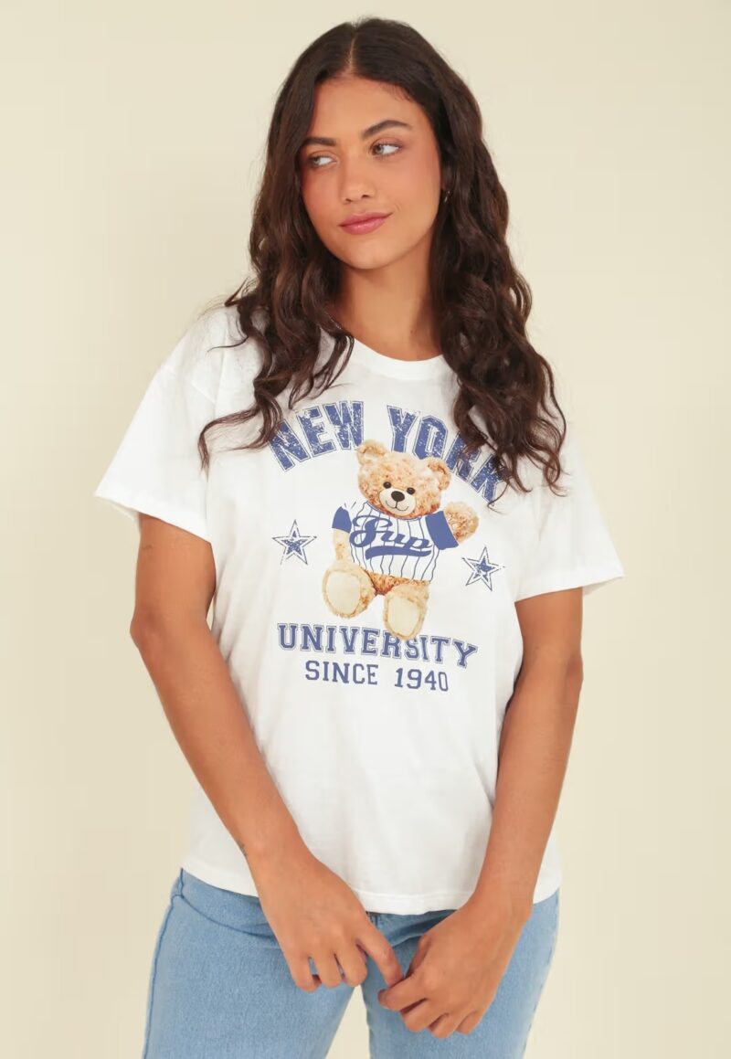 T-SHIRT EM MEIA MALHA URSO NEW YORK
